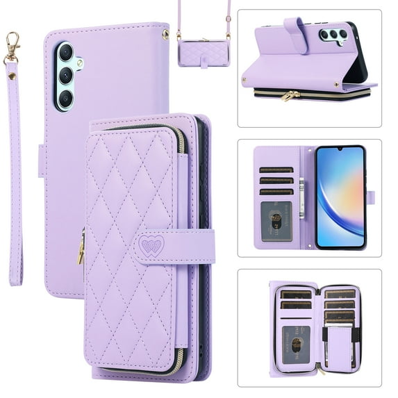 Mantto for Samsung Galaxy A14 5G Wallet Case,Crossbody Phone Case PU Leather Zipper with Wrist Strap & Shoulder Strap Flip Cover Credit Card Holder Magnetic Shockproof Protective Case,Purple