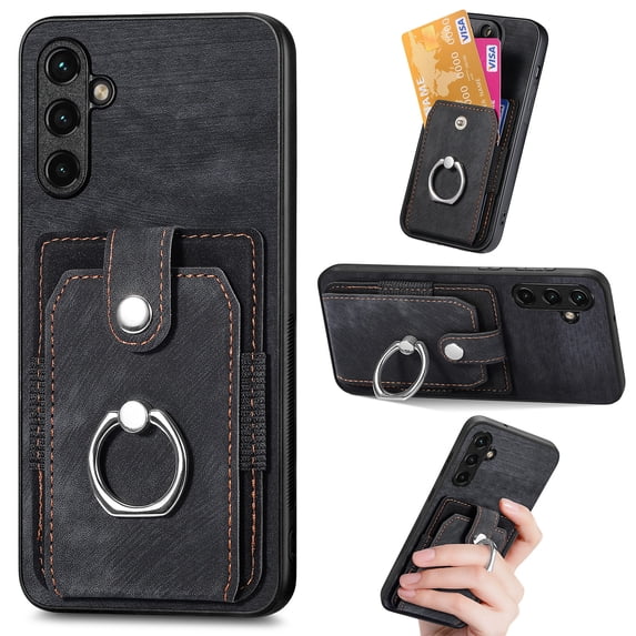 Mantto for Samsung Galaxy A15 Back Wallet Case,with Elastic Card Holder,Shockproof PU Leather 360° Rotation Ring Kickstand Support Magnetic Car Mount Phone Case for Women Men,Black