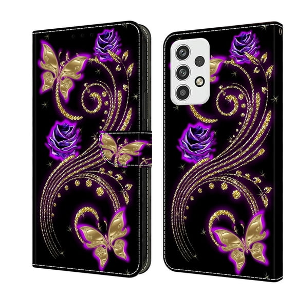 Mantto for Samsung Galaxy A23 5G Wallet Case for Women Men,Fashion Painted Pattern PU Leather Magnetic Clasp Flip Protective Case with Kickstand Card Slots Phone Case,Purple Flowers & Butterflies