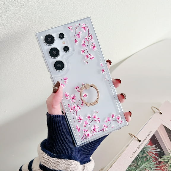 Mantto for Samsung Galaxy A24 4G Case, Cute Flowers Floral Chic Design Glitter Diamond Ring Kickstand Phone Cover for Women Girls, Shockproof Durable TPU Transparent Slim Phone Case,C