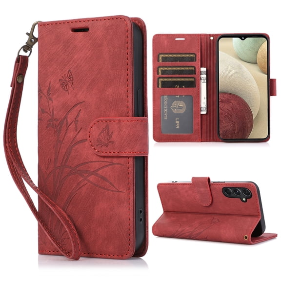 Mantto for Samsung Galaxy A24 4G Embossed Pattern Wallet Case with Wrist Strap, Premium Retro PU Leather Magnetic Flip Kickstand Function Credit Card Holder Shockproof Slim Phone Case,Red