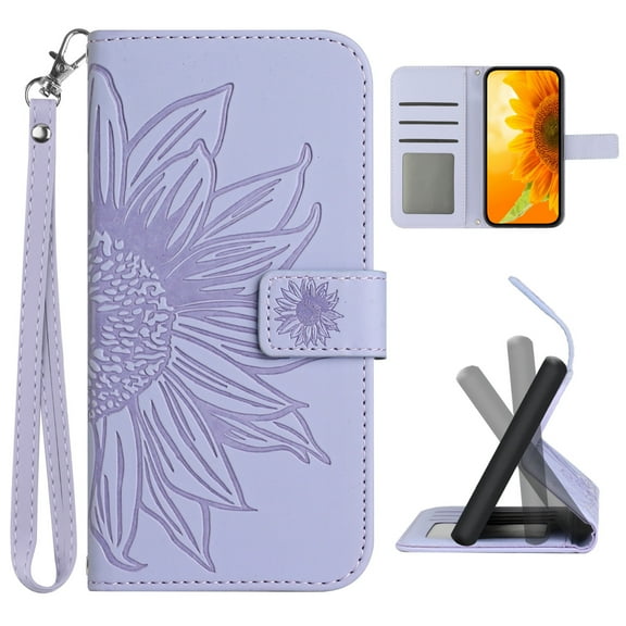 Mantto for Samsung Galaxy A24 4G Wallet Case with Wrist Strap,Stylish Sunflower Embossed PU Leather Shockproof Protective Magnetic Flip Stand Card Slots Protective Phone Cover,Lightpurple