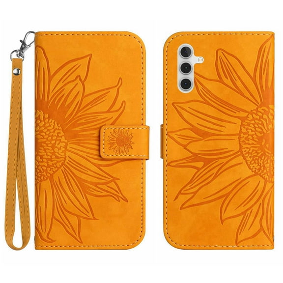 Mantto for Samsung Galaxy A25 5G Wallet Case with Wrist Strap,Stylish Sunflower Embossed PU Leather Shockproof Protective Magnetic Flip Stand Card Slots Protective Phone Cover,Yellow