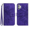 thumbnail image 1 of Mantto for Samsung Galaxy A32 5G 6.5 inch Wallet Case with Wrist Strap,Stylish Sunflower Embossed PU Leather Shockproof Protective Magnetic Clasp Flip Stand Card Slots Phone Cover,Darkpurple, 1 of 10