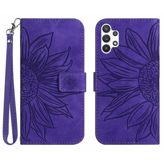 Mantto for Samsung Galaxy A32 5G 6.5 inch Wallet Case with Wrist Strap,Stylish Sunflower Embossed PU Leather Shockproof Protective Magnetic Clasp Flip Stand Card Slots Phone Cover,Darkpurple