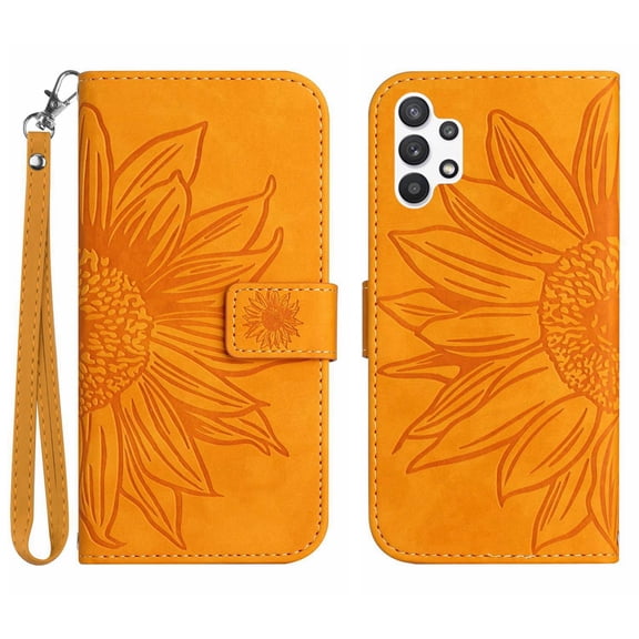 Mantto for Samsung Galaxy A32 5G 6.5 inch Wallet Case with Wrist Strap,Stylish Sunflower Embossed PU Leather Shockproof Protective Magnetic Clasp Flip Stand Card Slots Phone Cover,Yellow