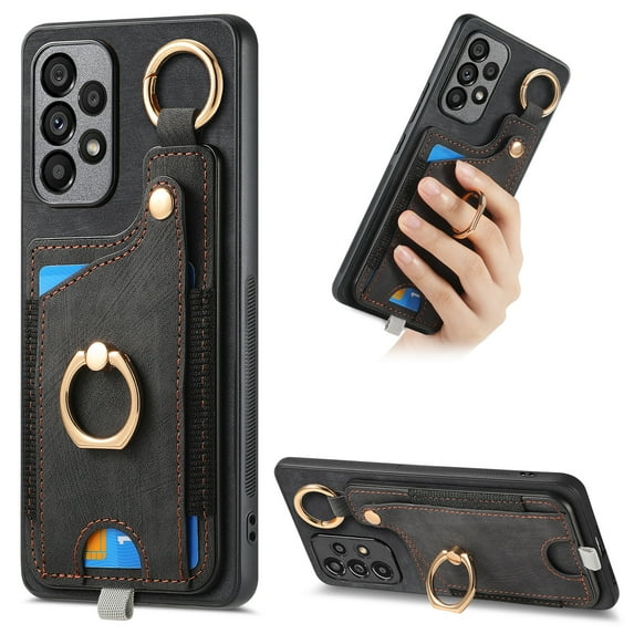 Mantto for Samsung Galaxy A32 5G Back Wallet Phone Case Support Magnetic Car Mount, Shockproof Vintage PU Leather Credit Card Pocket Portable Rotation Ring Kickstand Phone Case,Black