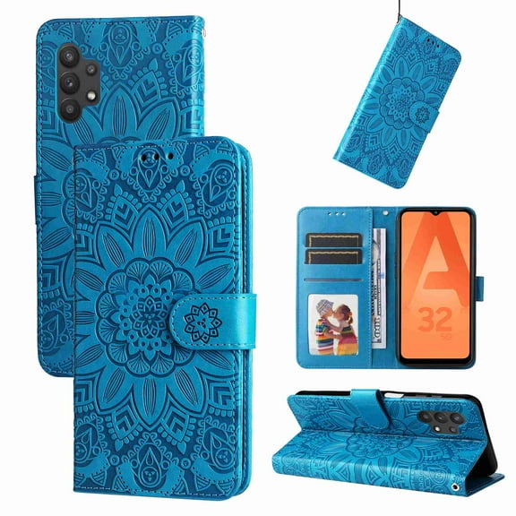 Mantto for Samsung Galaxy A32 5G Wallet Case, [Flower Embossed] Premium PU Leather Wallet Flip Protective Phone Case Cover with Card Slots and Stand for Samsung Galaxy A32 5G,Blue