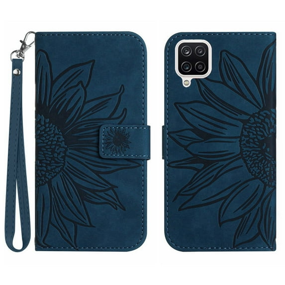 Mantto for Samsung Galaxy A42 5G 6.6 inch Wallet Case with Wrist Strap,Stylish Sunflower Embossed PU Leather Shockproof Protective Magnetic Clasp Flip Holder Card Slots Phone Cover,Inkblue