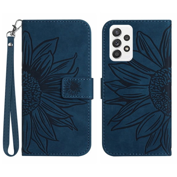 Mantto for Samsung Galaxy A53 5G 6.5 inch Wallet Case with Wrist Strap,Stylish Sunflower Embossed PU Leather Shockproof Protective Magnetic Flip Stand Card Slots Protective Phone Cover,Inkblue