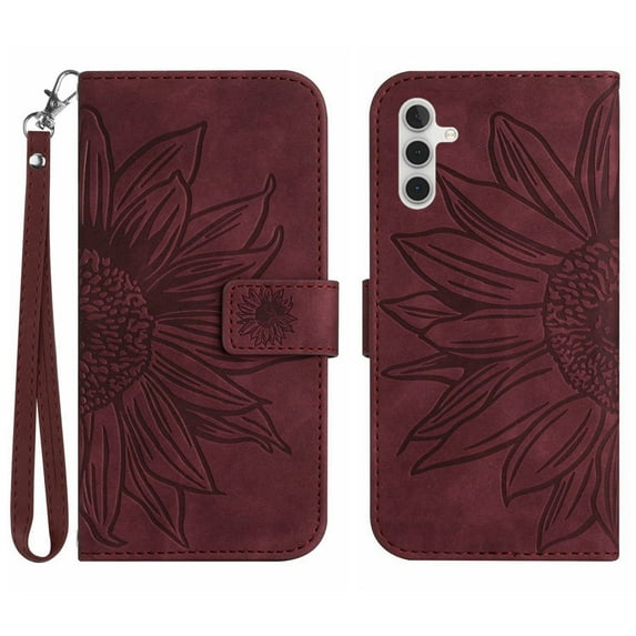 Mantto for Samsung Galaxy A54 5G 6.4 inch Wallet Case with Wrist Strap,Stylish Sunflower Embossed PU Leather Shockproof Protective Magnetic Flip Stand Card Slots Protective Phone Cover,Winered