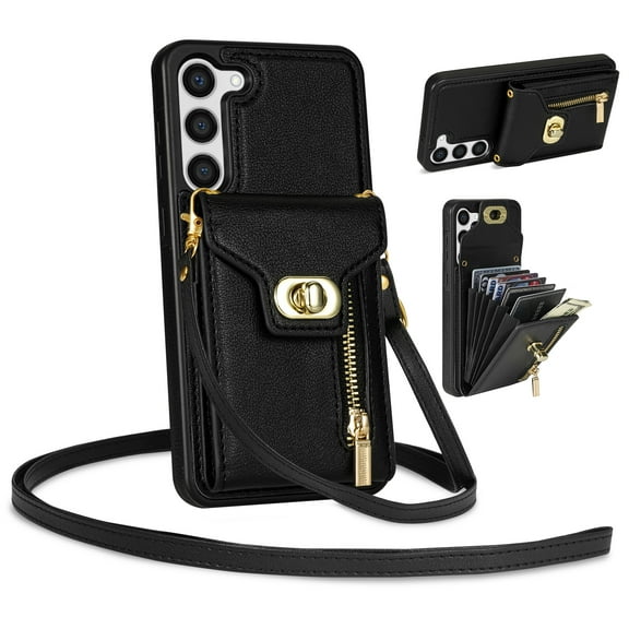 Mantto for Samsung Galaxy A54 5G Back Zipper Wallet Case with Detachable Shoulder Strap,Luxury Metal Buckle Card Slots Shockproof Premium PU Leather Stand Crossbody Phone Case for Women Men,Black