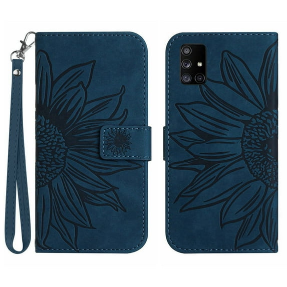 Mantto for Samsung Galaxy A71 5G 6.7 inch Wallet Case with Wrist Strap,Stylish Sunflower Embossed PU Leather Shockproof Protective Magnetic Clasp Flip Stand Card Slots Phone Cover,Inkblue