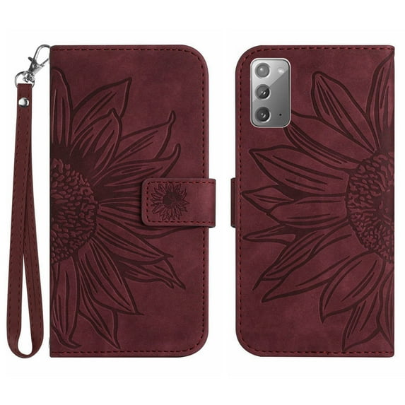 Mantto for Samsung Galaxy Note 20 6.7 inch Wallet Case with Wrist Strap,Stylish Sunflower Embossed PU Leather Shockproof Protective Magnetic Clasp Flip Kickstand Card Slots Phone Cover,Winered