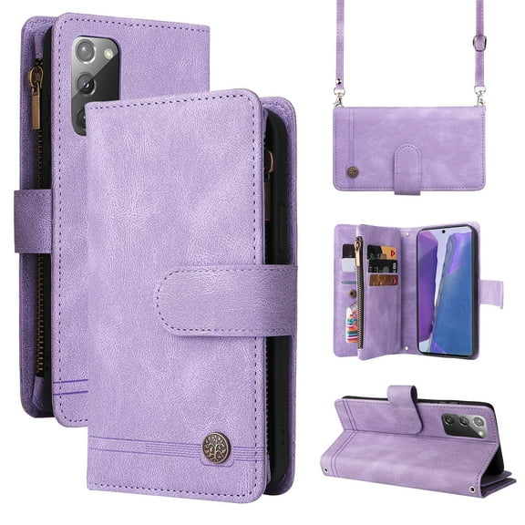 Mantto Samsung Galaxy Note 20 Cover, Wallet Card Slot Crossbody/Shoulder Strap + Wristlet Strap Magnetic Flip Premium PU Leather Zipper Pocket With Kickstand For Samsung Galaxy Note 20,
Purple