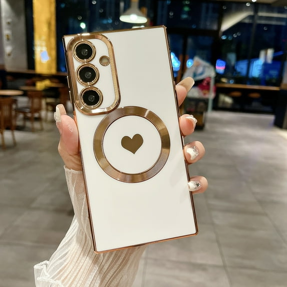 Mantto for Samsung Galaxy S20 FE Magnetic Case, Luxury Plating Edge Love Heart Pattern Cover Compatible with MagSafe Soft TPU Bumper Anti-Scratch Shockproof Protective Phone Case,White