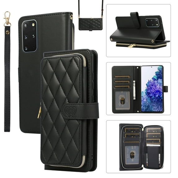 Mantto for Samsung Galaxy S20+ Wallet Case,Crossbody Phone Case PU Leather Zipper with Wrist Strap & Shoulder Strap Flip Cover Credit Card Holder Magnetic Shockproof Protective Case,Black