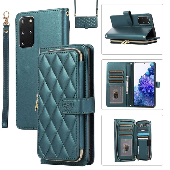 Mantto for Samsung Galaxy S20+ Wallet Case,Crossbody Phone Case PU Leather Zipper with Wrist Strap & Shoulder Strap Flip Cover Credit Card Holder Magnetic Shockproof Protective Case,Darkgreen