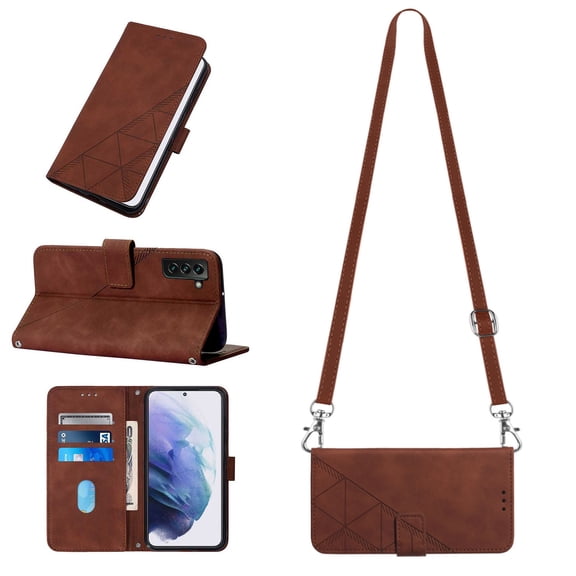 Mantto for Samsung Galaxy S21 FE 5G 6.4 inch Crossbody Phone Case with Shoulder Strap,Magnetic Closure Folio Kickstand Card Slots Premium PU Leather Full Protection Shockproof Cover,Brown