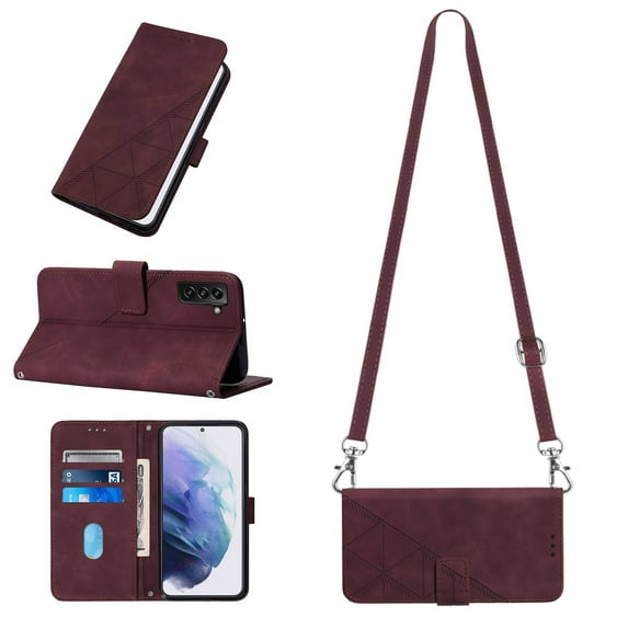 Mantto for Samsung Galaxy S21 FE 5G 6.4 inch Crossbody Phone Case with Shoulder Strap,Magnetic Closure Folio Kickstand Card Slots Premium PU Leather Full Protection Shockproof Cover,Winered
