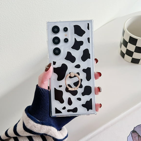 Mantto for Samsung Galaxy S21 FE Case, Cute Leopard / Cow Print / Lines Fashion Design Glitter Diamond Ring Kickstand Cover for Women Girls, Shockproof Durable TPU Transparent Slim Phone Case,B
