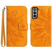 Mantto for Samsung Galaxy S21 FE Wallet Case with Wrist Strap,Stylish Sunflower Embossed PU Leather Shockproof Protective Magnetic Flip Stand Card Slots Protective Phone Cover,Yellow