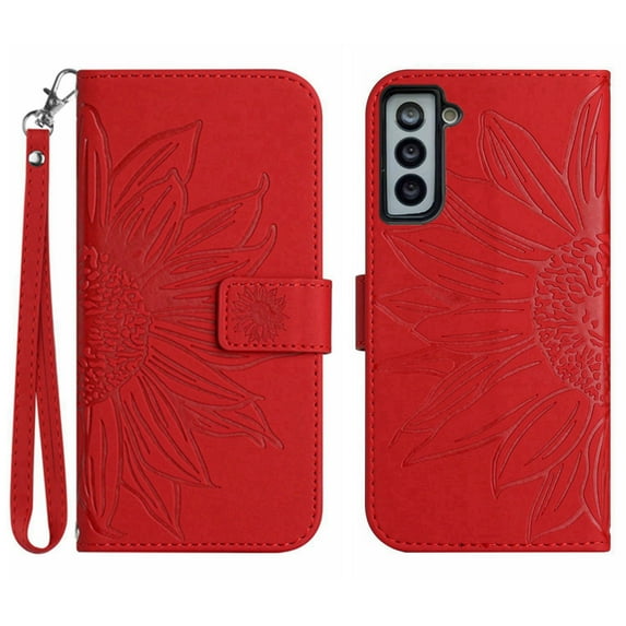 Mantto for Samsung Galaxy S21 FE Wallet Case with Wrist Strap,Stylish Sunflower Embossed PU Leather Shockproof Protective Magnetic Flip Stand Card Slots Protective Phone Cover,Red