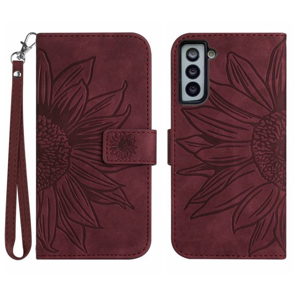Mantto for Samsung Galaxy S22 6.1 inch Wallet Case with Wrist Strap,Stylish Sunflower Embossed PU Leather Shockproof Protective Magnetic Flip Stand Card Slots Protective Phone Cover,Winered