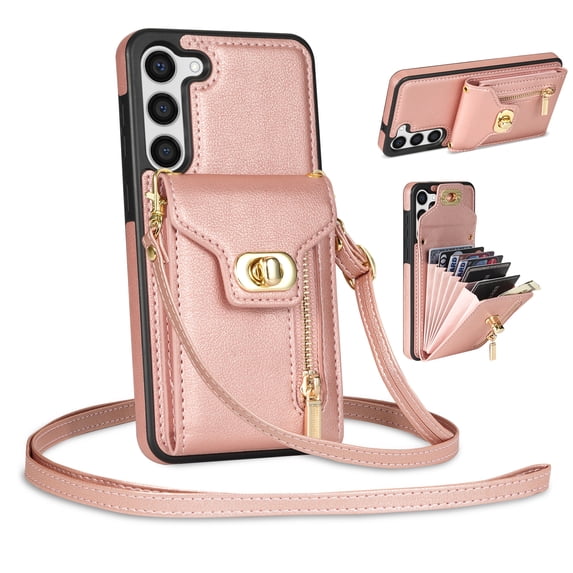 Mantto for Samsung Galaxy S22 Back Zipper Wallet Case with Detachable Shoulder Strap,Luxury Metal Buckle Card Slots Shockproof Premium PU Leather Stand Crossbody Phone Case for Women Men,Rosegold