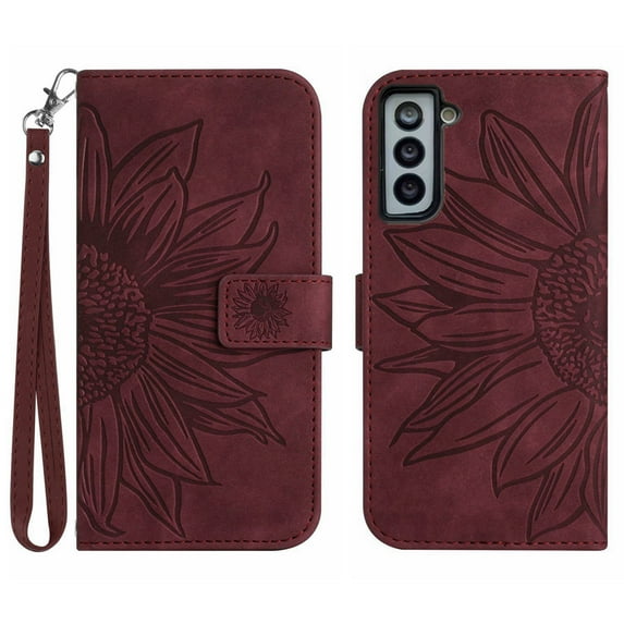 Mantto for Samsung Galaxy S22 Plus 6.6 inch Wallet Case with Wrist Strap,Stylish Sunflower Embossed PU Leather Shockproof Protective Magnetic Flip Stand Card Slots Protective Phone Cover,Winered
