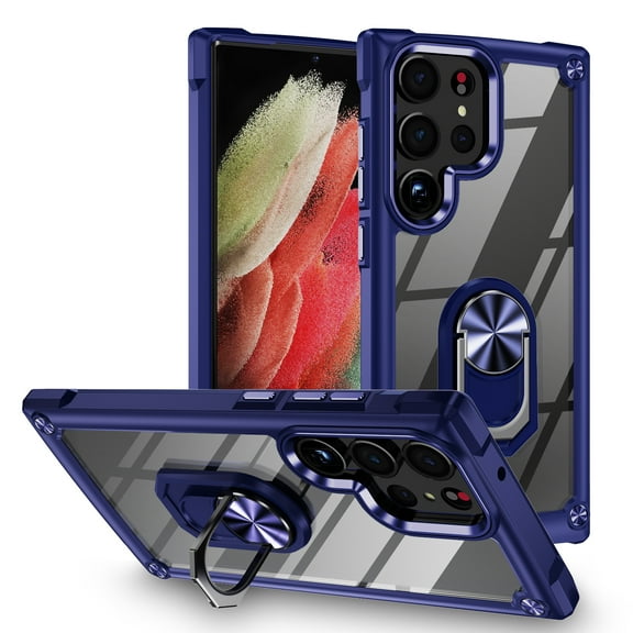 Mantto for Samsung Galaxy S22 Ultra (6.8 inch) Case with Metal Ring Kickstand Soft TPU Bumper Hard PC Back Clear Transparent Anti-Scratch Shockproof Slim Protective Phone Case,Blue