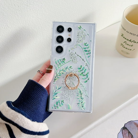 Mantto for Samsung Galaxy S23 FE Case, Cute Flowers Floral Chic Design Glitter Diamond Ring Kickstand Phone Cover for Women Girls, Shockproof Durable TPU Transparent Slim Phone Case,F