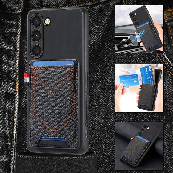 Mantto for Samsung Galaxy S23 FE Vintage Denim Pattern PU Leather Wallet Case with Card Slots Holder, Magnetic Cover Support Car Mount Holder, Full Coverage Shockproof Protection Case, Black