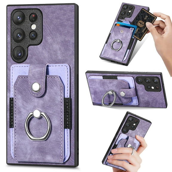 Mantto for Samsung Galaxy S23 Ultra Back Wallet Case,with Elastic Card Holder,Shockproof PU Leather 360° Rotation Ring Kickstand Support Magnetic Car Mount Phone Case for Women Men,Purple