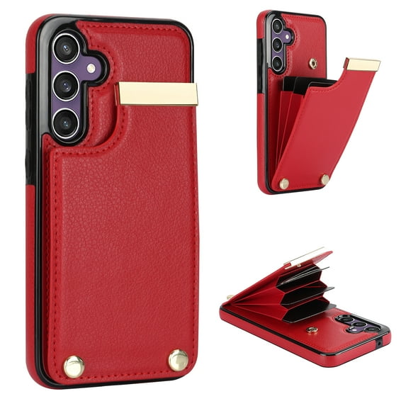 Mantto for Samsung Galaxy S24 Back Wallet Case with Card Holder, Magnetic Clasp 3 Card Slots RFID Blocking Premium PU Leather Shockproof Anti-Scratch Wallet Phone Case, Red