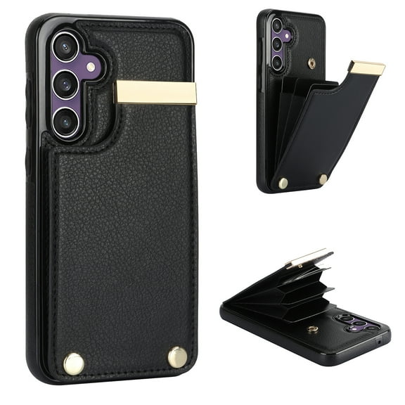 Mantto for Samsung Galaxy S24 Back Wallet Case with Card Holder, Magnetic Clasp 3 Card Slots RFID Blocking Premium PU Leather Shockproof Anti-Scratch Wallet Phone Case, Black