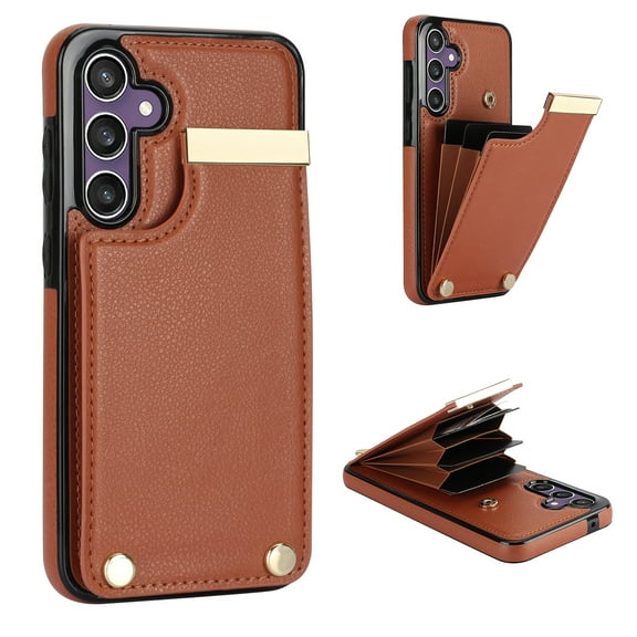 Mantto for Samsung Galaxy S24 Plus Back Wallet Case with Card Holder, Magnetic Clasp 3 Card Slots RFID Blocking Premium PU Leather Shockproof Anti-Scratch Wallet Phone Case, Brown