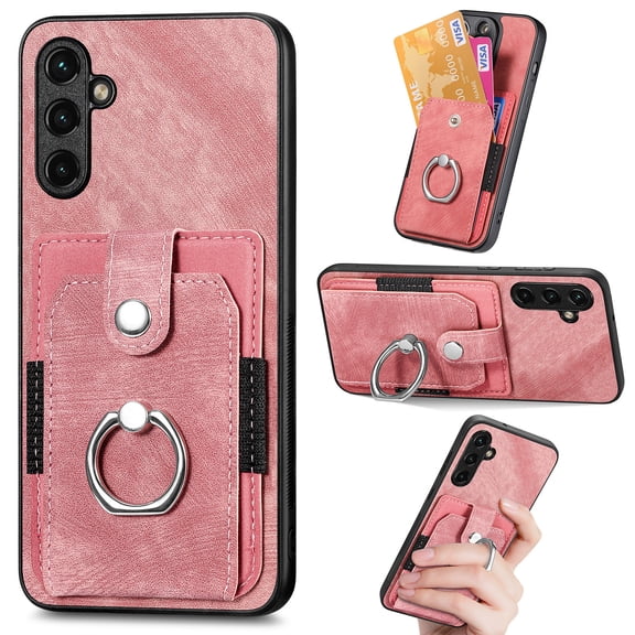 Mantto for Samsung Galaxy S24 Plus Back Wallet Case,with Elastic Card Holder,Shockproof PU Leather 360° Rotation Ring Kickstand Support Magnetic Car Mount Phone Case for Women Men,Pink
