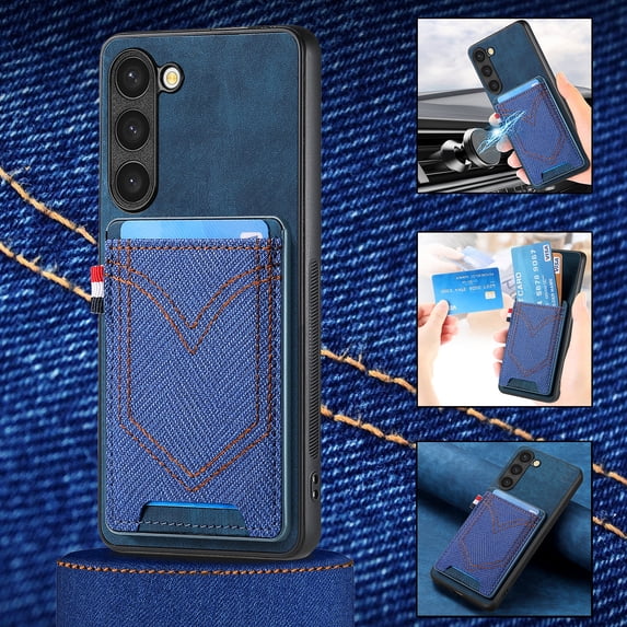 Mantto for Samsung Galaxy S24 Plus Vintage Denim Pattern PU Leather Wallet Case with Card Slots Holder, Magnetic Cover Support Car Mount Holder, Full Coverage Shockproof Protection Case, Blue