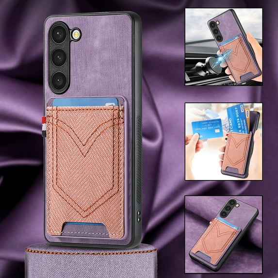 Mantto for Samsung Galaxy S24 Plus Vintage Denim Pattern PU Leather Wallet Case with Card Slots Holder, Magnetic Cover Support Car Mount Holder, Full Coverage Shockproof Protection Case, Purple