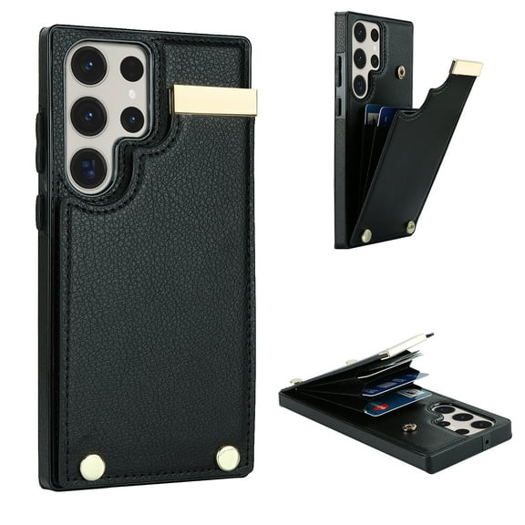 Mantto for Samsung Galaxy S24 Ultra Back Wallet Case with Card Holder, Magnetic Clasp 3 Card Slots RFID Blocking Premium PU Leather Shockproof Anti-Scratch Wallet Phone Case, Black