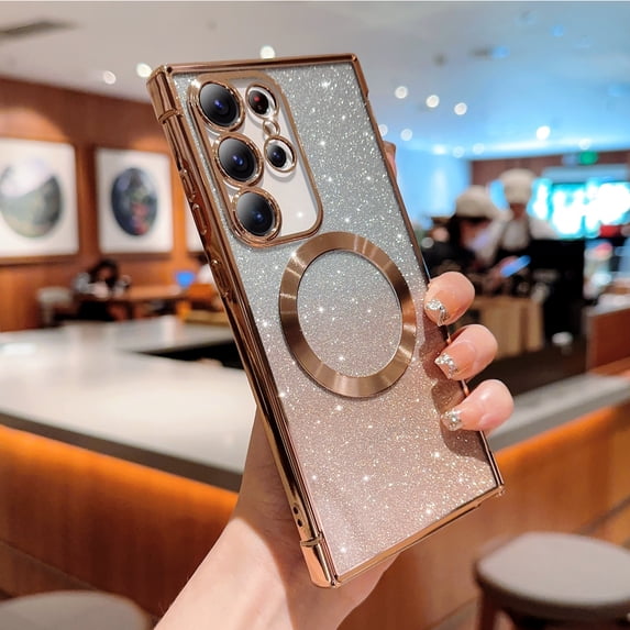 For Samsung Galaxy S24 Ultra Magnetic Gradient Glitter Case Compatible with Magsafe Charging Luxury Plating Cute Bling Clear Cover for Women Girls Soft TPU Slim Shockproof Phone Case,Gold
