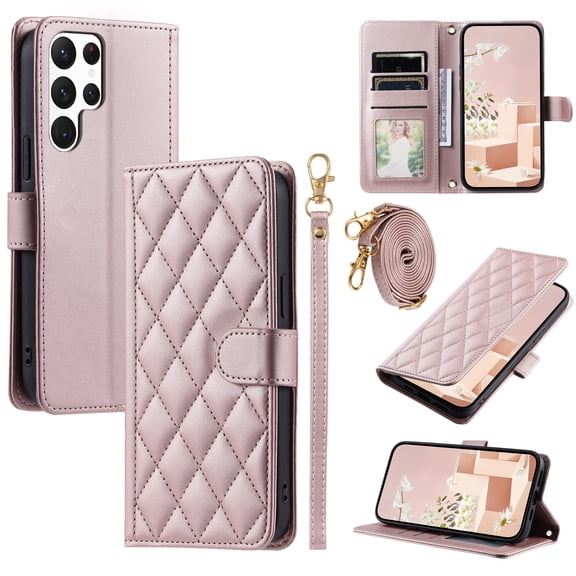 Mantto for Samsung Galaxy S24 Ultra Wallet Case with Detachable Wrist Strap & Shoulder Strap,Shockproof Luxury PU Leather Purse Credit Card Slots Magnetic Flip Kickstand Crossbody Phone Case, Rosegold