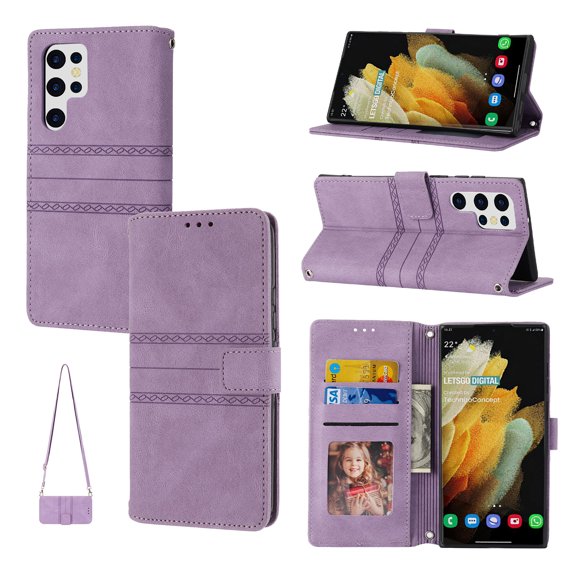 Mantto for Samsung Galaxy S24 Ultra Wallet Case, PU Leather with Long Crossbody Strap Card Slots Soft TPU Inner Shockproof Protective Flip Cover Phone Case for Samsung Galaxy S24 Ultra,Lightpurple