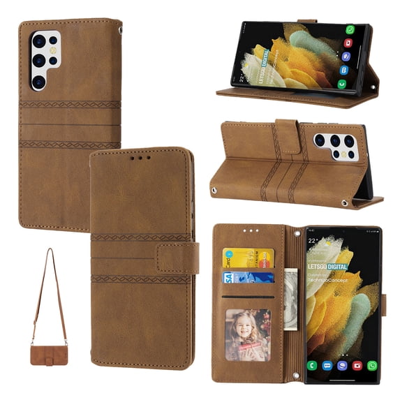 Mantto for Samsung Galaxy S24 Ultra Wallet Case, PU Leather with Long Crossbody Strap Card Slots Soft TPU Inner Shockproof Protective Flip Cover Phone Case for Samsung Galaxy S24 Ultra,Brown