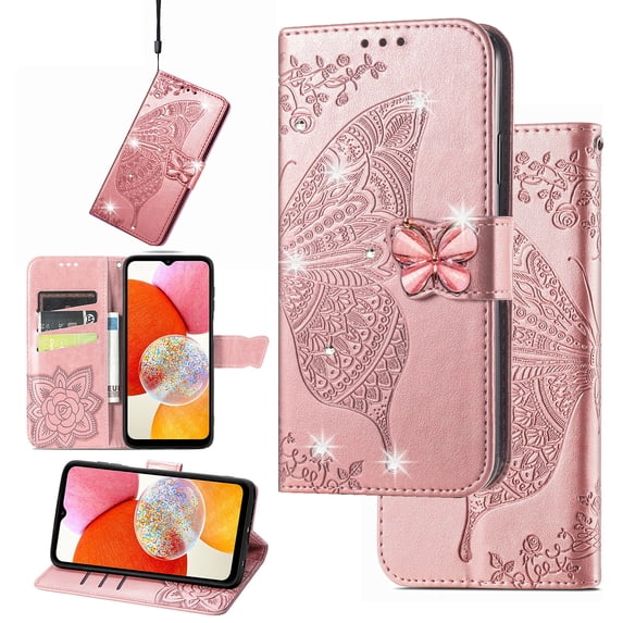 Mantto For Samsung Galaxy S25 Wallet Case, Bling Diamond PU Leather Flip Wallet Case Hand Strap Butterfly Embossed Protective Flip Kickstand Card Holder Magnetic Closure Phone Cover,Rosegold
