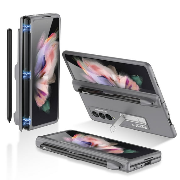 Mantto for Samsung Galaxy Z Fold 3 Case Hinge Coverage Protective Case with Built-in Magnetic Kickstand PC Shockproof Cover for Samsung Galaxy Z Fold 3 5G 2021, Gray