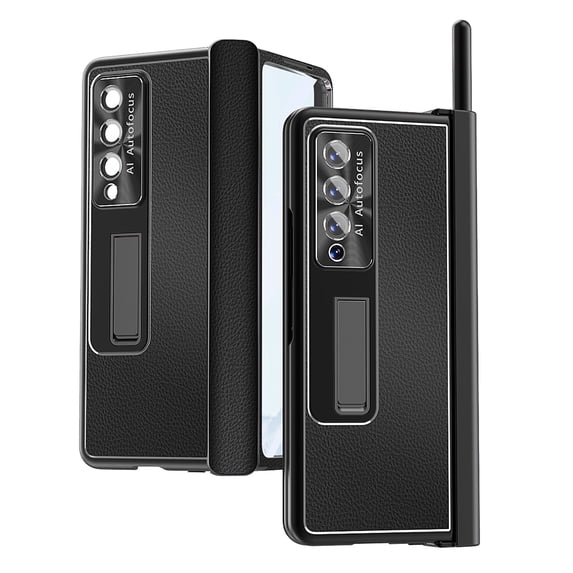Mantto For Samsung Galaxy Z Fold 3 Case,Luxury Lychee Pattern PU Magnetic Kickstand Hinge Hard PC Shockproof Cover with S Pen Holder and Built-in Tempered Glass Front Film.Black