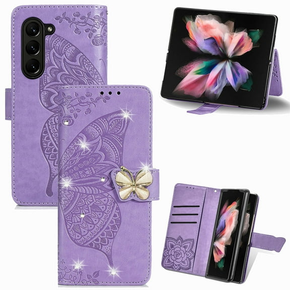 Mantto For Samsung Galaxy Z Fold 6 Wallet Case, Bling Diamond PU Leather Flip Wallet Case Hand Strap Butterfly Embossed Protective Flip Kickstand Card Holder Magnetic Closure Phone Cover,Lightpurple