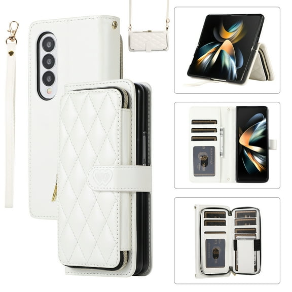 Mantto for Samsung Galaxy Z Fold3 Wallet Case,Crossbody Phone Case PU Leather Zipper with Wrist Strap & Shoulder Strap Flip Cover Credit Card Holder Magnetic Shockproof Protective Case,White